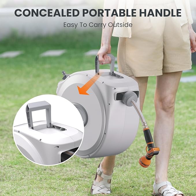 Giraffe Tools CW20 Retractable Garden Hose Reel 5/8" x 60 ft Heavy Duty Water Hose Reel, Swivel Bracket, Any Length Lock, Light Grey