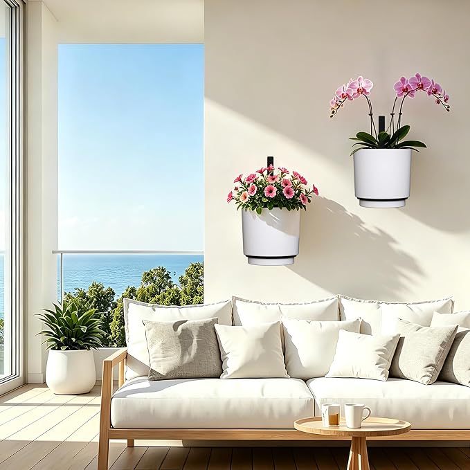 2 Pcs Wall Mounted Hanging Planter Vase for Indoor Outdoor Plants,Modern Metal Wall and Ceiling Hanging Flower Pot with Removable Flower Pot,Minimalist Decor for Herbs Succulents Flowers,5.9Inch,White