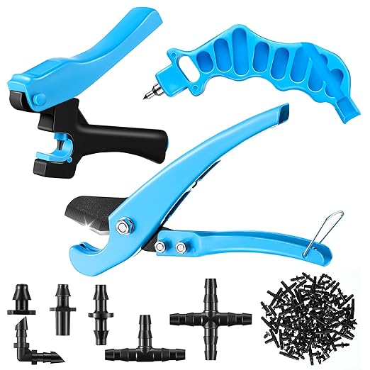 Feekoon Irrigation Drip Tools with Barbed Connectors, 2-in-1 Drip System Punch Tool for 1/4" Fitting, 16 20 25mm PE Pipe & Emitter; Ideal for Garden & DIY Watering System(Blue,115 Irrigation Plugs)