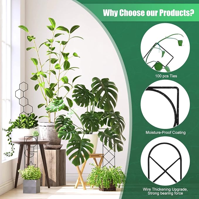 Wellsign Plant Trellis for Climbing Plants Indoor, 15.94Inch Small Garden Metal Houseplant Trellis for Potted Plants Outdoor with 4 Patterns for Vine Ivy Flower Plant Support Lover Gifts Lattice