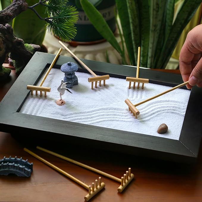 Zen Garden Mini Bamboon Rake - 6PCS Tabletop Rock Sand Garden Tools Accessories Small Sandbox Kits Japanese Zen Gift for Birthday