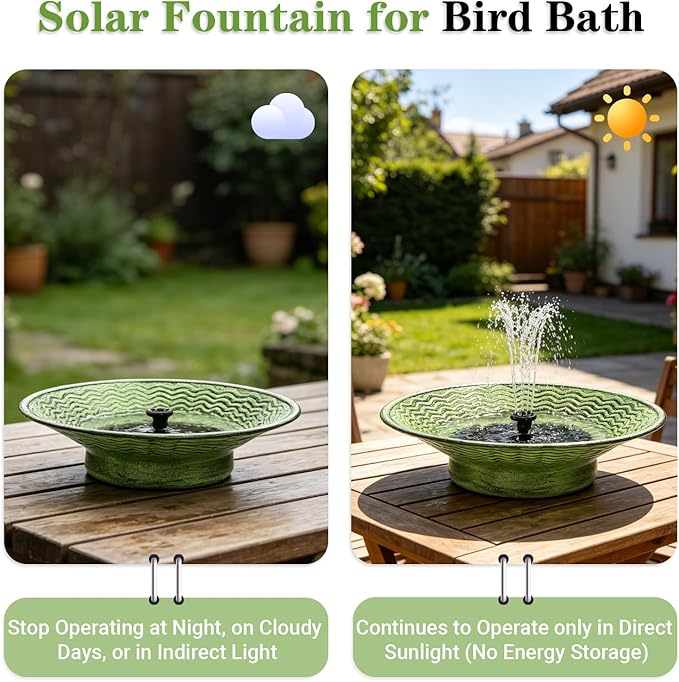 Solar Bird Bath for Outdoors, Metal Solar Birdbath Fountain with 4 Nozzles, 12.4" Bird Bath Fountain for Outside Garden Patio Lawn Decor (Green)