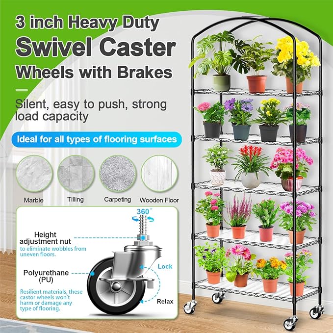 5-Tier Greenhouse with Caster Wheel, Each Shelf Height Adjustable Metal Plant Shelf with PVC Cover for Seed Starting Trays, Seedling Pots, Plant Pots, 13x29x73inch