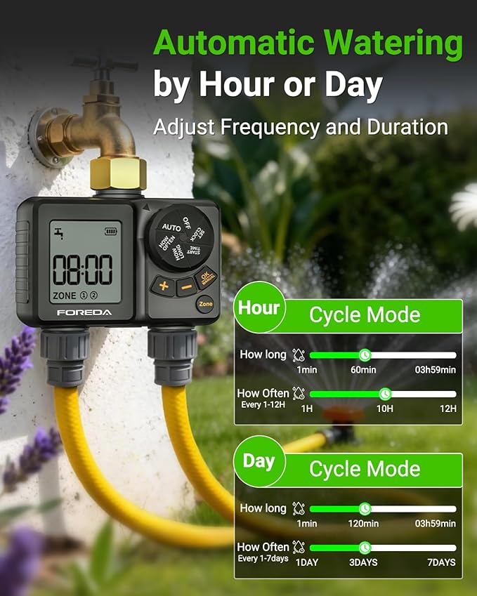 2 Zone Water Timer for Garden Hose, Programmable Hose Timer for Watering with Built-in Rechargeable Battery, Rain Delay/Manual/Auto Modes, IPX6 Waterproof Sprinkler Timers for Lawn, Yard, Farm