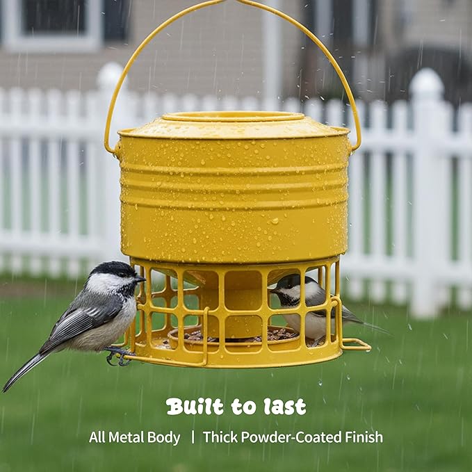 KOL Large Bird Feeder for Outdoors, 10LB Capacity Squirrel Proof Metal Feeder with 32 Feeding Ports & 3 Perches, Easy-Clean Hanging Birdfeeder for Cardinals, Bluebirds, Finches (Earthy Yellow)