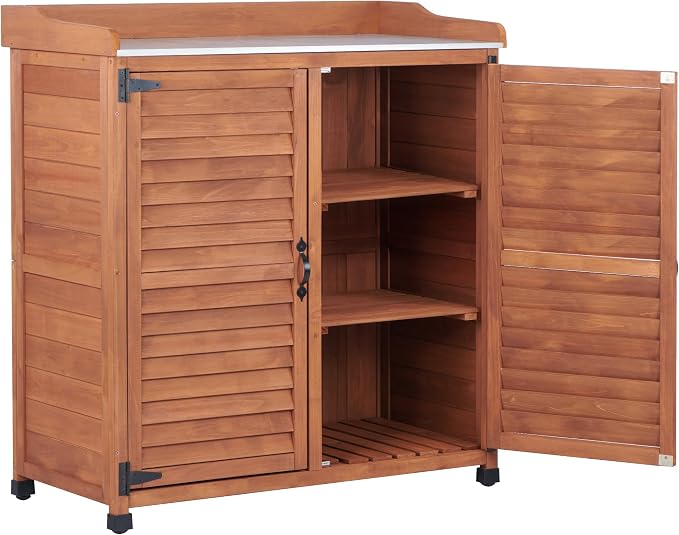 Outdoor Storage Cabinet & Potting Bench Table with Metal Work Top, Vented Louvered Doors, Wooden Patio Furniture, Garden Workstation, Latte, 36x31x17in