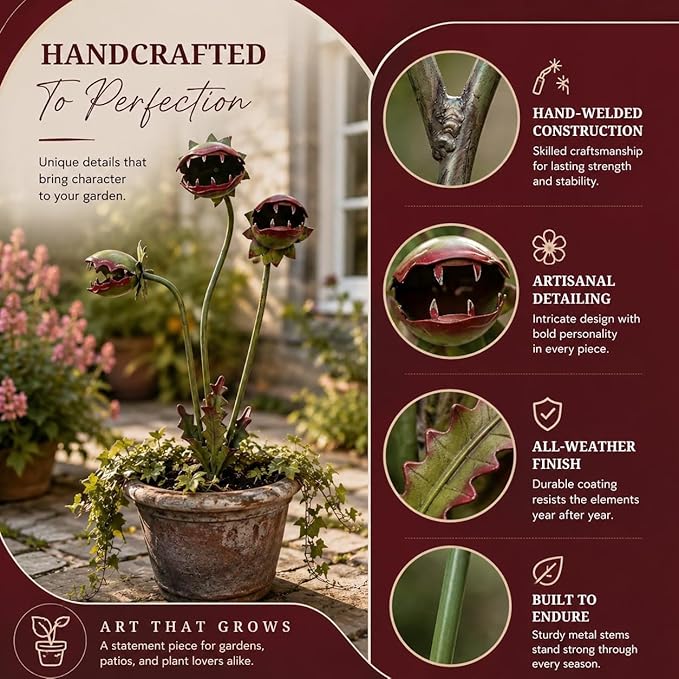 Whimsical Metal Carnivorous Plant Garden Stake, 25-Inch Large Venus Flytrap Monster Sculpture, Rust-Resistant Outdoor Yard Art Decor for Patios, Flower Beds, Lawn, Planters & Quirky Garden Gift