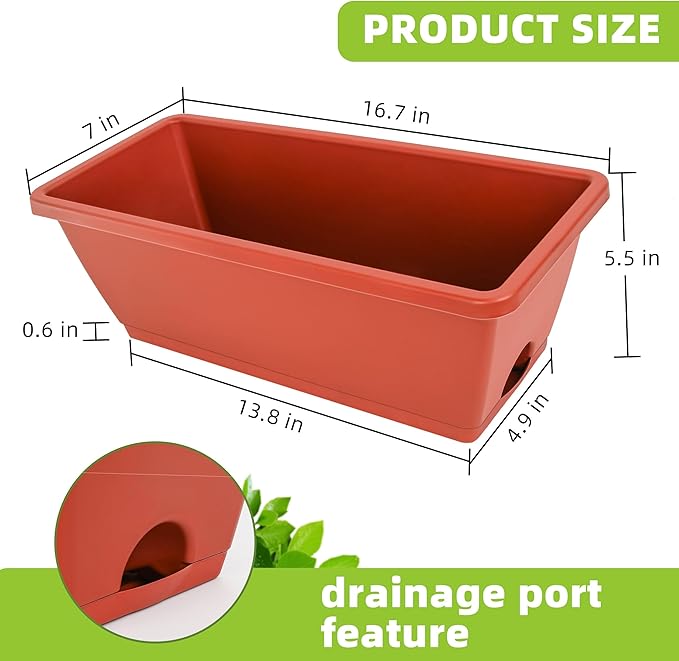 LOCONHA Window Box Planter, Plastic Vegetable Flower Planters Boxes 17 Inches Rectangular Flower Pots with Saucers for Indoor Outdoor Garden, Patio, Home Decor (7, Brick Red)