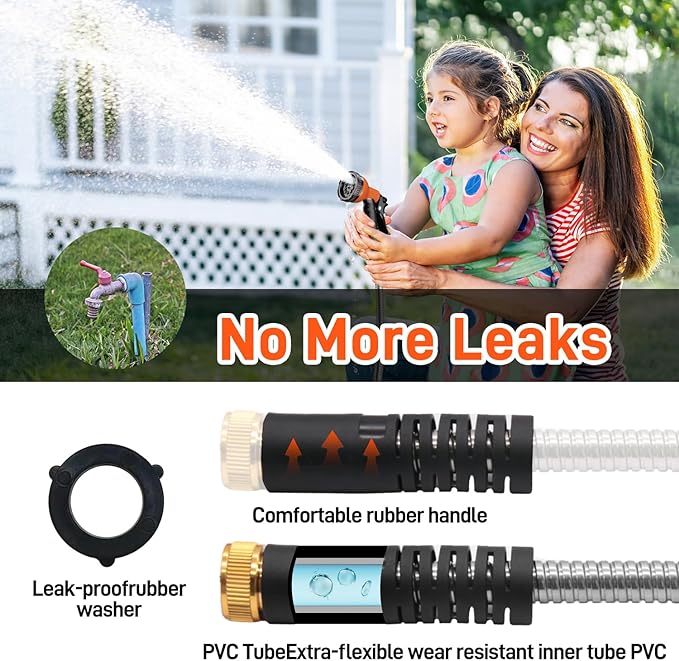 Besiter Garden Hose 100FT Stainless Steel Water Hose with 10 Functions Adjustable Spray Nozzle, Heavy-Duty Metal Garden Hose Flexible Durable No-Tangle & Kink Leak Dog Proof Hose for Yard Lawn(Orange)