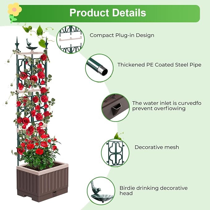 Raised Garden Bed Planter Boxes with Trellis,61.4" Self-Watering Trellis with Planter Box for Climbing Plants Flowers Vegetables,Use for Indoor Outdoor