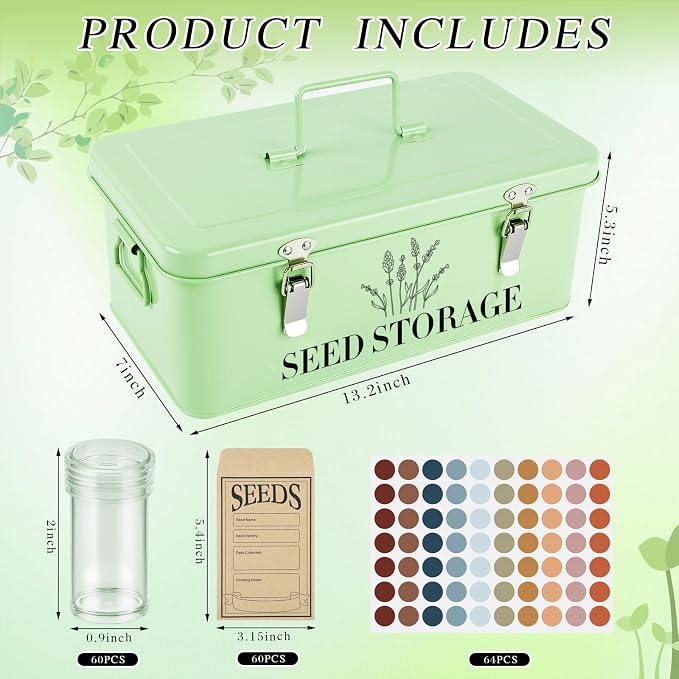 60 Slots Seed Storage Box with 4 Dividers, Metal Seed Storage Organizer Saving Box, Seeds Packet Container, Professional All-in-One Kit with 60 Seeds Envelopes and Label Stickers