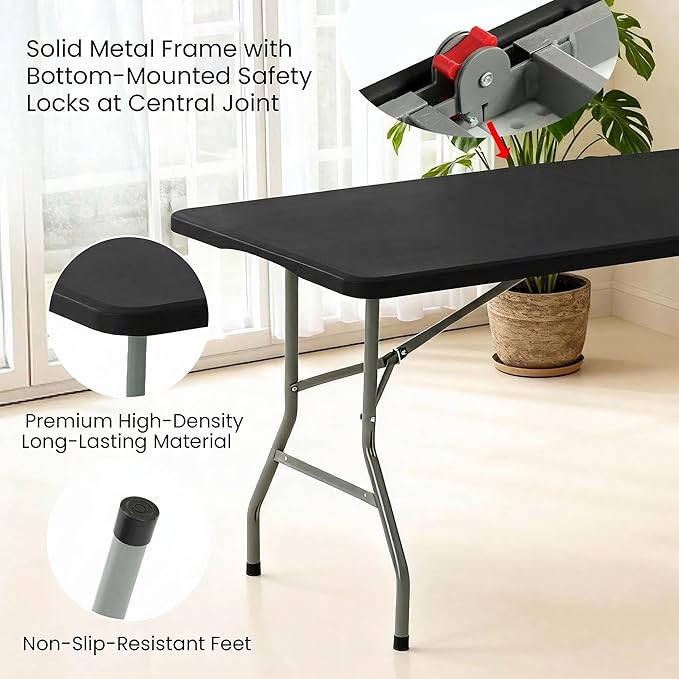 10 Pack of 6 Foot Foldable Table with Built in Handle & Steel Legs, 6FT Portable Heavy Duty Plastic Folding Tables for Parties, Dining, Wedding, Events, Picnic, Indoor & Outdoor, Camping, Utility