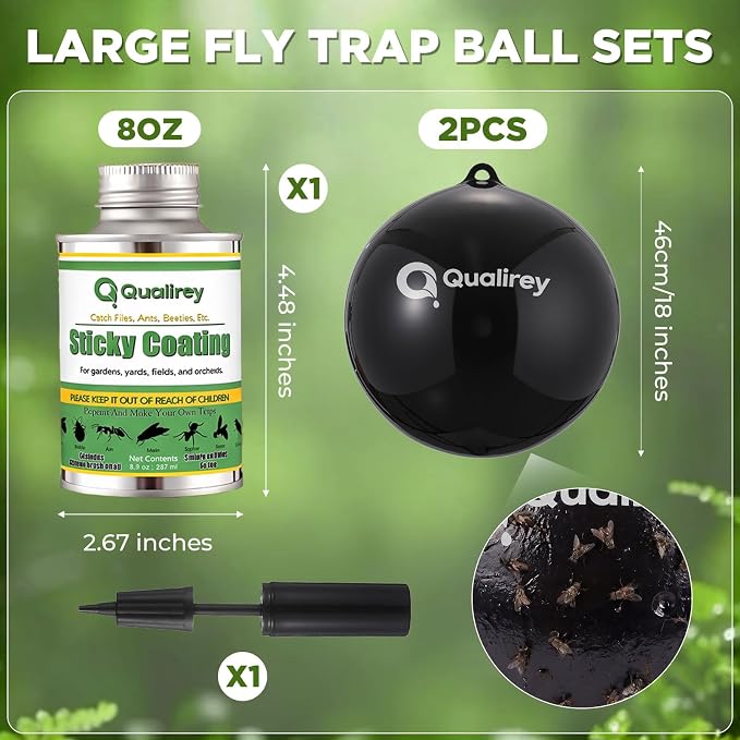 Qualirey 2 Pcs Big Fly Trap Ball 18 inch Hanging Fruit Fly Trap Outdoor Sticky Insect Ball with Sticky Coating Glue Air Pump Adhesive Catcher for Farm Orchard Gnat Mosquito Hornet Deerflies(Black)