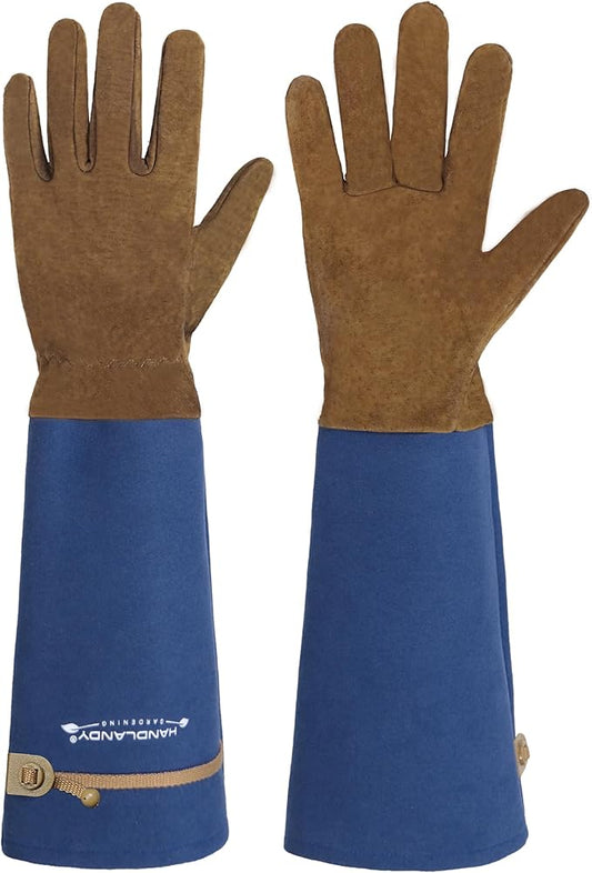 HANDLANDY Long Gardening Gloves for Men & Women, Pigskin Leather Rose Pruning Gloves, Breathable Thorn Proof Gauntlet Glove (Blue, L)