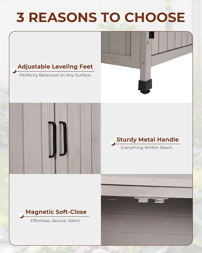 Outdoor Potting Bench with Metal Top, Wooden Garden Storage Cabinet & Tool Shed, Weather-Resistant Workstation for Patio, Backyard, Poolside (Gray)