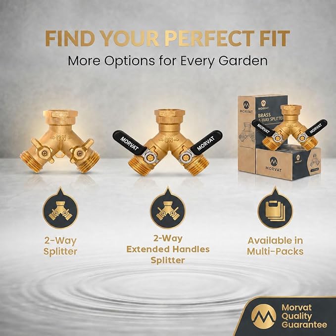 Morvat Brass 2-Way Y Splitter LEAD-FREE, Heavy-Duty Garden Hose Connector with Extra Long Butterfly Comfort Grip ON/OFF Valves, Adapter for Water Faucet & Spigot, Extra 10 Washers Teflon Tape (2-Pack)