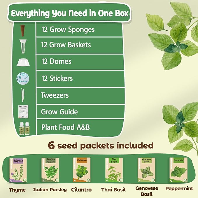 Herb Seed Pods Kit Hydroponic -12 Refill Grow Pods with 6-Packet Seeds of Genovese Basil, Thai Basil, Cilantro, Thyme, Mint & Parsley, Compatible with All Hydroponics Growing Systems & Indoor Gardens