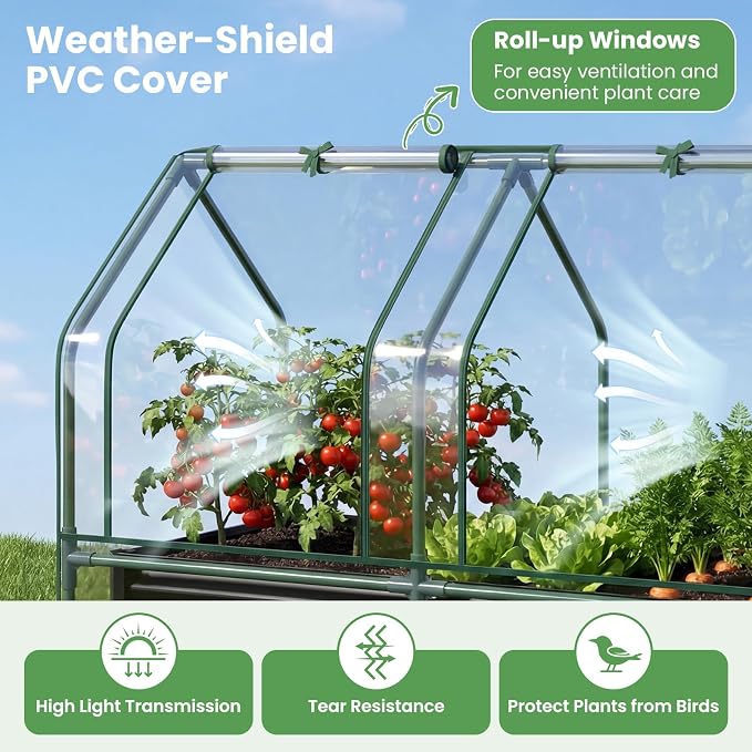 Giantex 4x2x3 FT Galvanized Raised Garden Bed with Greenhouse Cover, Outdoor Elevated Metal Planter Box w/Dual Roll-up Windows, Mini Greenhouse for Patio Balcony Vegetables Herbs Flowers (Black)