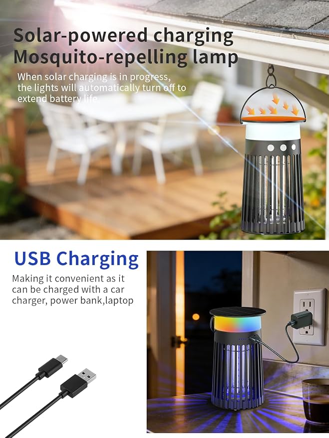 NEXLY SJZ-091 Solar Bug Zapper Portable Outdoor Waterproof Mosquito Killer Light Indoor Home Rechargeable Fruit Fly Trap Lamp 4200V Electric Gnat Traps for Room Garden Courtyard Kitchen Camping Patio