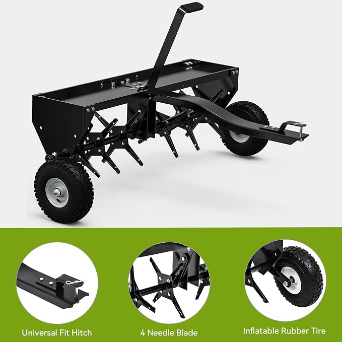 AUTOSAVER88 48" Tow Plug Lawn Aerator with Universal Hitch & Adjustable Handle for Lawn, Farm and Garden, Tow Behind Aerator with 32 Steel Tines & 10" Inflatable Wheels, Aerator Lawn Tool, Black
