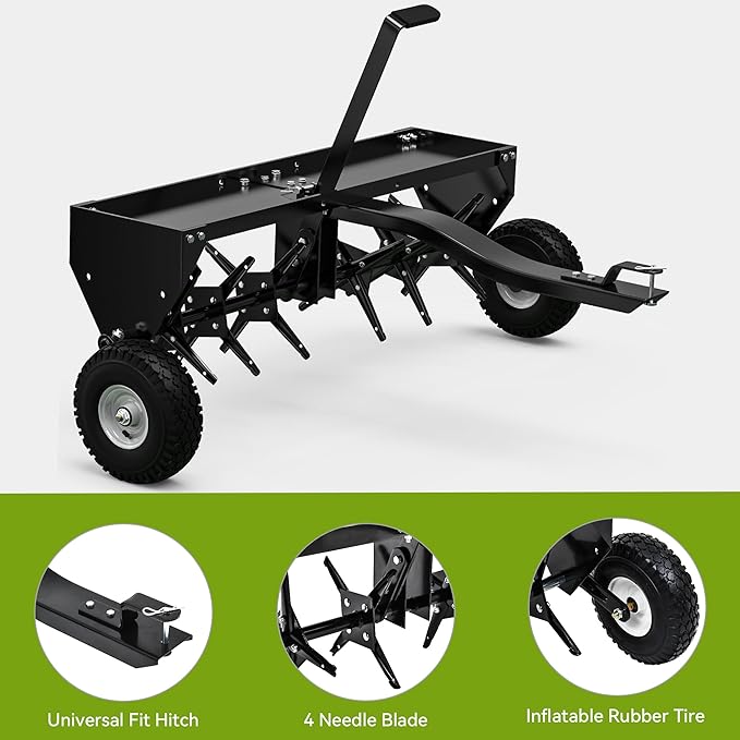 AUTOSAVER88 40" Tow Plug Lawn Aerator with Universal Hitch & Adjustable Handle for Lawn, Farm and Garden, Tow Behind Aerator with 24 Steel Tines & 10" Inflatable Wheels, Aerator Lawn Tool, Black