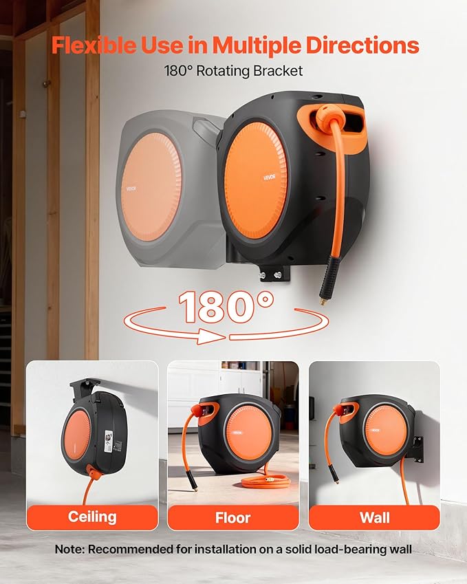VEVOR Retractable Air Hose Reel, 3/8 Inch x 80 FT Hybrid Air Hose Max 300PSI, Enclosed Air-Compressor Hoses Reel Auto Rewind with 6.6 ft Lead in, 180° Swivel Ceiling/Wall Mount for Workshops