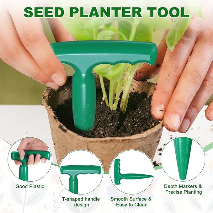 M METERXITY 2-Pack Seed Planter Tool, Plastic Hand Dibber Garden Tool with Handle for Sowing Seeds/Transplanting/Planting Bulbs, Handheld Digging Hole Punch [Dark Green]