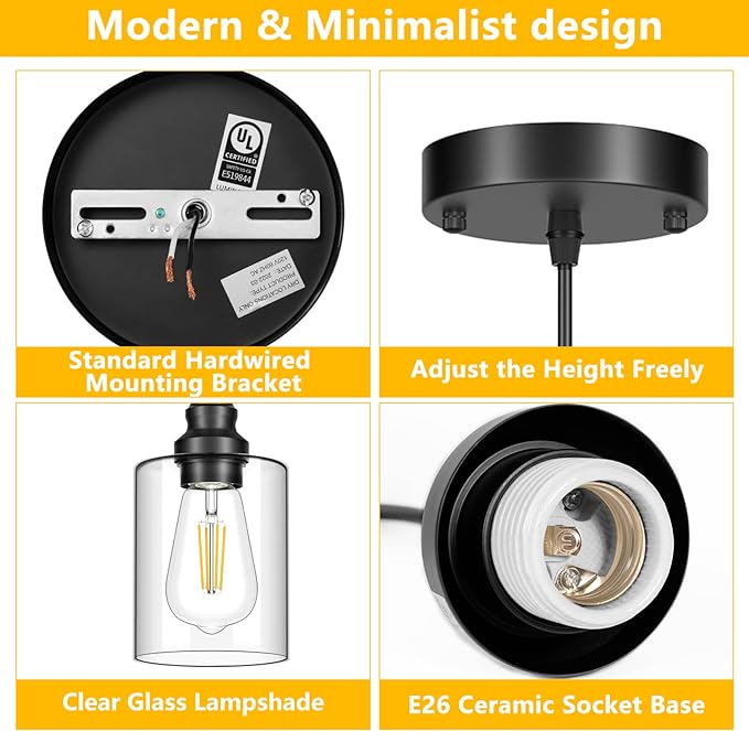 Licperron 2 Pack Modern Black Pendant Lighting, Clear Glass Shade Pendant Lights Kitchen Island, Hanging Ceiling Light Fixture, Farmhouse Pendant Lighting for Dining Room Bedroom Bar Office