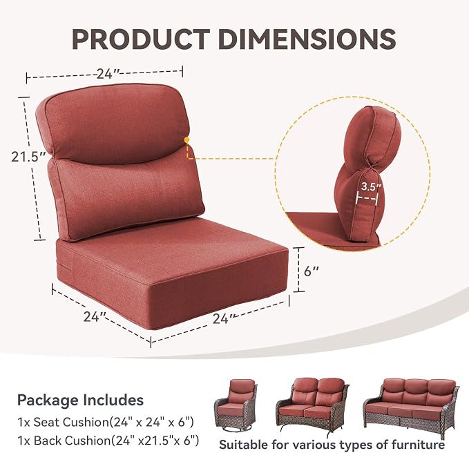 Luxury 6-Inch Outdoor Chair Cushions - 24"* 24" Patio Furniture Cushions with Dual Layer Back Support & Removable Cover, 28D High Density Sponge Patio Cushion for Outdoor Furniture Couch Red