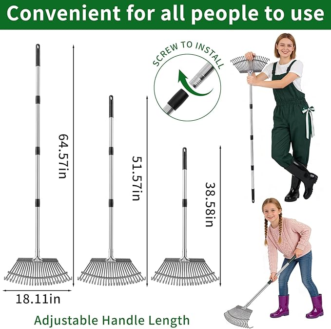72 Gallon Leaf Rake Set with Dustpan-Type Bag - Heavy Duty Garden Rake for Leaves, 18" Wide 25 Tines Adjustable Handle, Protective Gloves for Lawn, Yard & Garden Cleanup