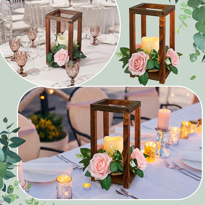 Hushee 30 Pcs Integrated Wedding Lantern Centerpiece Rustic Wooden Holder with Candles and Rings Farmhouse Candle Lantern Decor for Home Valentine Wedding Party Table Decor (Brown and Pink)