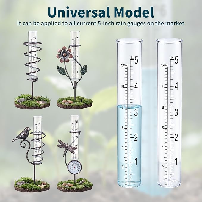 2-Pack Rain Gauge Replacement Tube - 5" Capacity Easy-to-Read Magnifying Rain Gauge for Outdoor - Plastic Clear Rain Gauges for Garden Yard Home - Accurate Measurement with Dual Scales