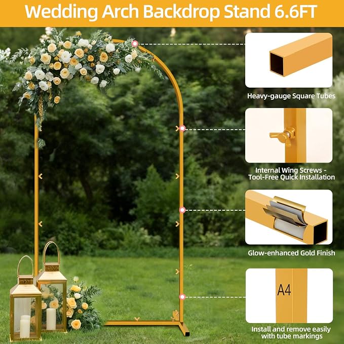 6.6 FT Wedding Arch Backdrop Stand for Party, Balloon Arch Stand, Wedding Arches for Ceremony, Metal Gold Arch Frame Backdrop Stand for Bridal Baby Showers Birthday Decoration Photo