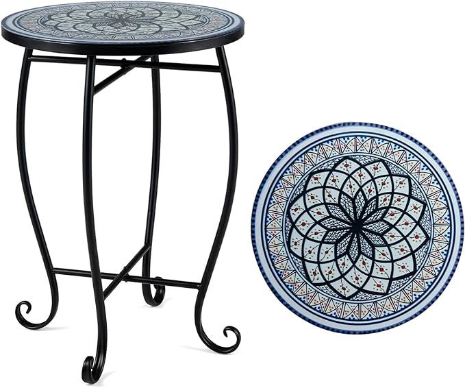 Giantex Outdoor Side Table, Blooming Lotus Mosaic Patio Accent Table, 14" Coffee End Table, Indoor Outdoor Metal Plant Stand for Porch Garden Balcony Desk