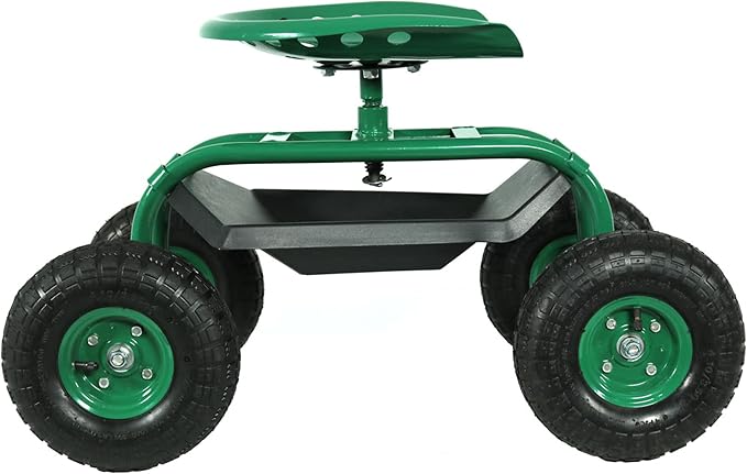 Sunnydaze Rolling Garden Cart with Swivel Seat and Storage - Rolling Garden Seat with Wheels - Gardening Stool with Wheels - Green