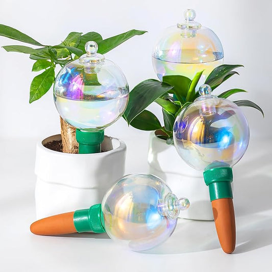 Hewory Glass Plant Watering Globes: 4 Pcs Iridescent Water Bulbs for Indoor/Outdoor Plants - 9oz Watering Devices with Terracotta Water Spikes