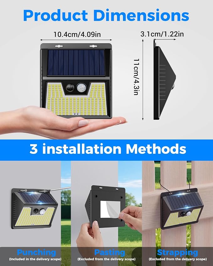 Peasur 2 Pack Solar Lights Outdoor Motion Sensor, 140 LED Solar Powered Fence Wall Light Waterproof, 3 Modes Solar Security Lighting for Outside Yard Deck Garden Stair Step