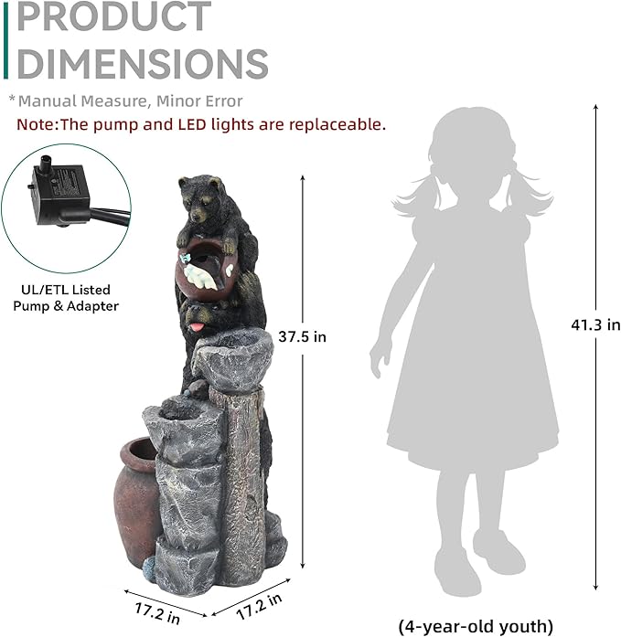 37.5" H Resin Playful Twin Bear Fountain Outdoor, Whimsical Multi-Tiered Stone Vessel Water Feature Outdoor with Lights, Soothing Cascading Waterfall for Patio, Backyard, Garden or Porch