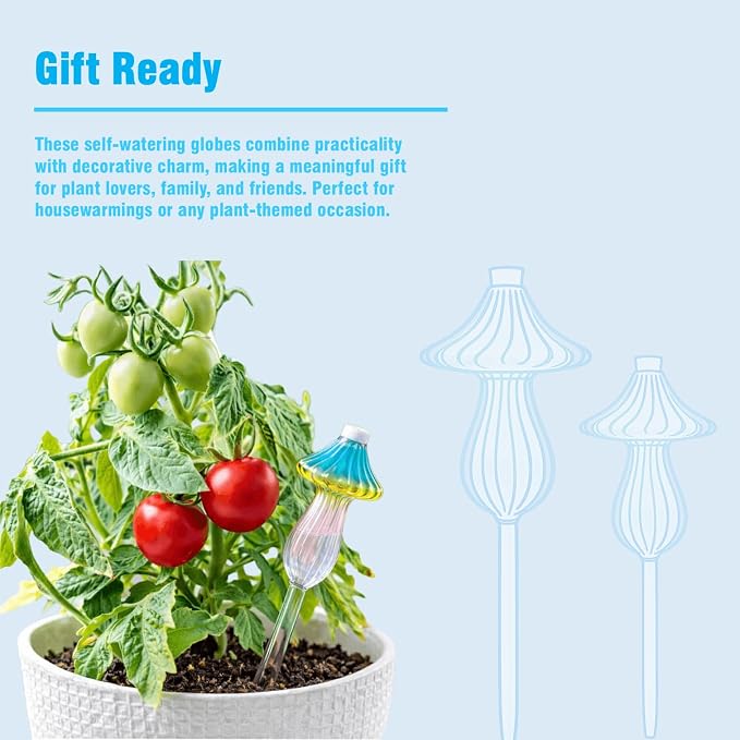 4 PCS Glass Plant Watering Globes Mushroom, Watering Bulbs for Indoor Plants, Rainbow Gradient Color Glass Mushroom Watering Bulbs, for Vacation Plant Care.