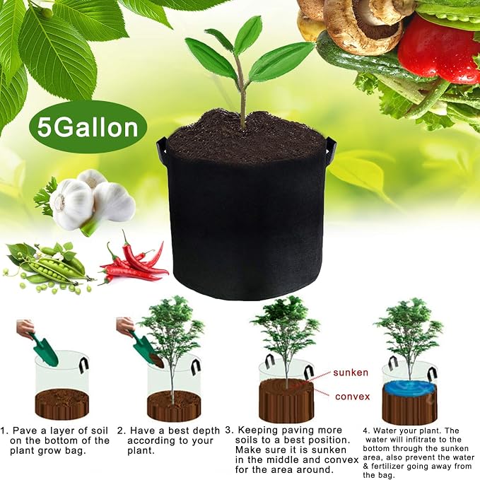 JES&MEDIS 12-Pack 5 Gallon Plant Grow Bags Thick Aeration Non Woven Fabric Flower Vegetable Pots with Handles Garden Container Black (5 Gallon_12 Pack)