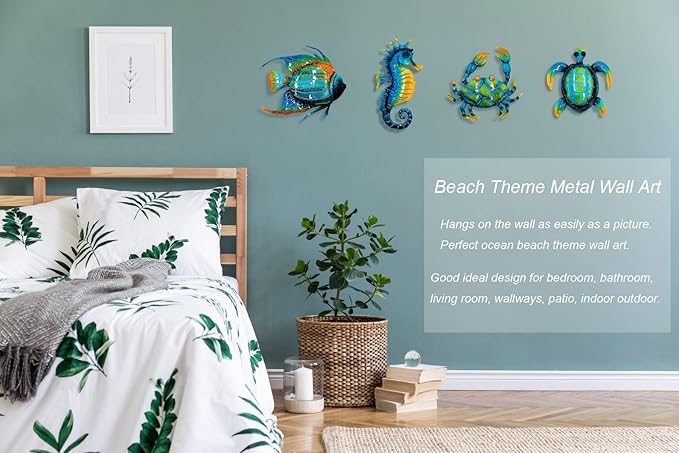 Meduofon Set of 4 Metal Outdoor Wall Art Decor, Blue Turtle Fish Crab and Seahorse Suitable for Beach Ocean Pool Decor, Metal Yard Fence Garden Children Room Bathroom Livingroom Wall Decoration