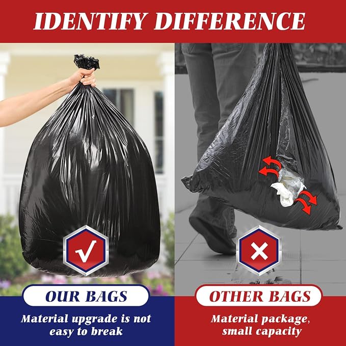 Teivio Trash Bags, 55-60 Gallon, 60 Count, Black, for Bathroom, Office, Industrial, Commercial, Janitorial, Municipal, Recycling