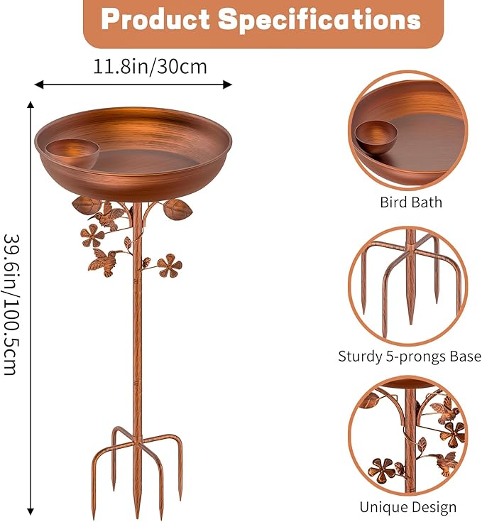 Metal Bird Bath for Outdoors Garden Birdbath Bowl, 39.6" Height Bird Feeders for Outside with 5 Prongs Base Stake, Standing Birdfeeders for Yard Lawn Decor (Vintage Copper-2-in-1)