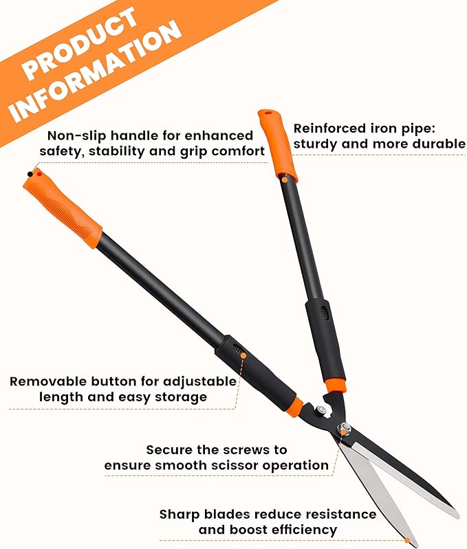 Hedge Shears, 31-Inch Garden Shears with Adjustable Handle, Sharp Blade & Comfortable Grip, Hedge Clippers for Hedges - Black/Orange