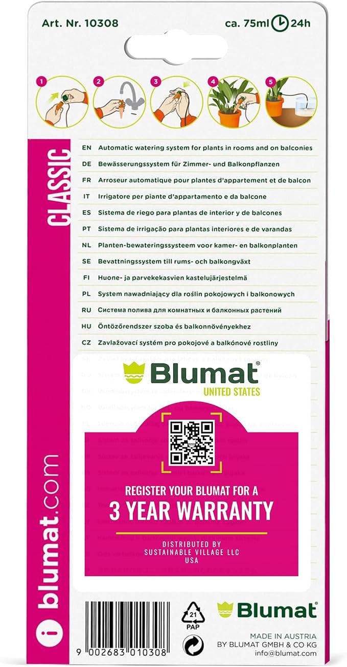 Blumat Classic Self-Watering Stakes - Prevents Overwatering and Underwatering for Healthy Growth While You are Away - Ideal for Indoor Plant Watering, 6 Pack, wo Adapter
