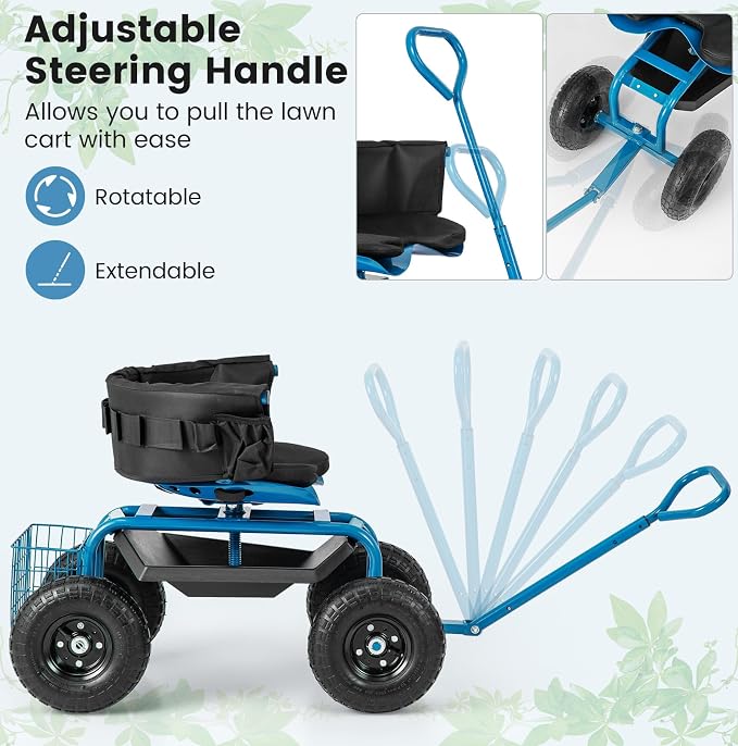 Garden Cart with Seat, Heavy-Duty Rolling Wagon Scooter with Wheels, Height Adjustable & 360° Swivel Seat, Storage Tray, Basket & Handle, Outdoor Gardening Work Seat for Patio Yard(Blue)