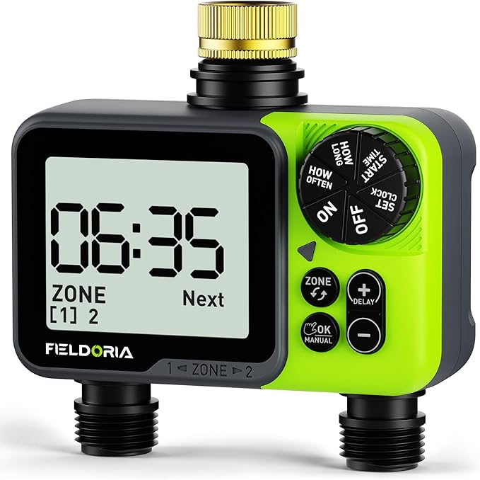Sprinkler Timer- Water Timer for Garden Hose, Brass Inlet Programmable Watering Timer, Rain Delay Outdoor Soaker Auto& Manual Irrigation Controller System for Yard Lawn Greenhouse, 2 Outlets