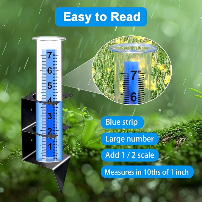 Rain Gauge Outdoor, 7" Capacity Rain Gauge Outdoors Best Rated with Stainless Steel Mounting Rack Holder, Freeze Proof Plastic Large Rain Gauge for Yard Garden Fence Lawn Patio Farm