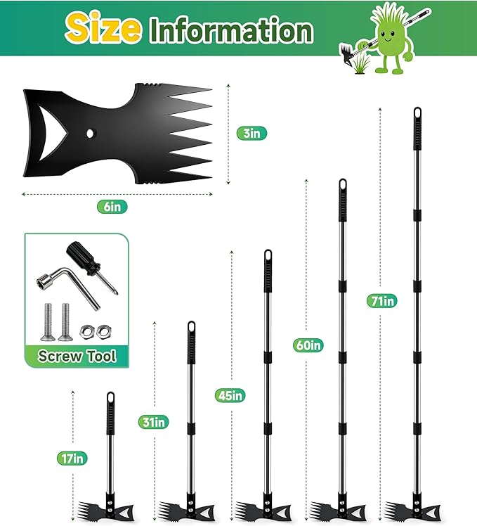 71in Weed Puller Tool with Long Handle, 2 in 1 Heavy Duty Garden Hoe and Hand Weed Rake, Adjustable Manual Weeders for Uprooting with Gloves for Gardens, Lawns, Yards