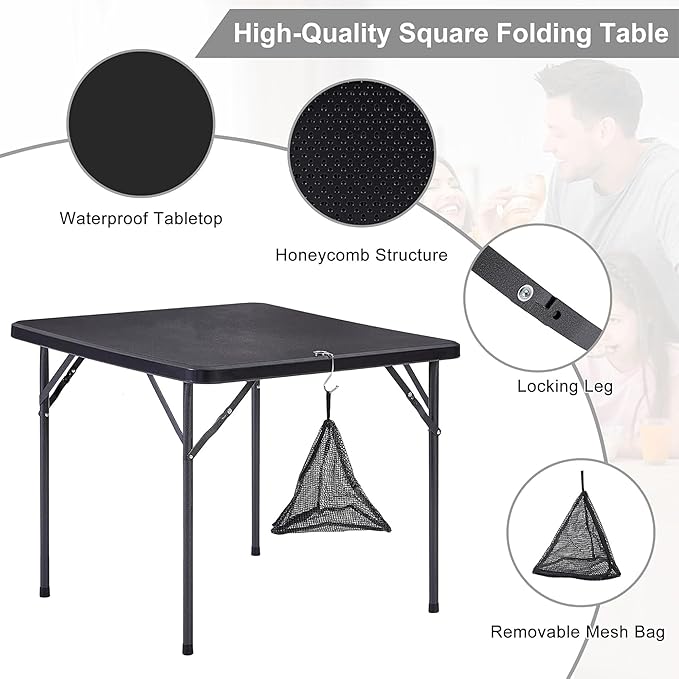 VECELO Folding Card Table Square with Mesh Bag, Heavy-Duty Collapsible Locking Legs & Easy to Storage, Portable for Indoor/Outdoor Use, Black